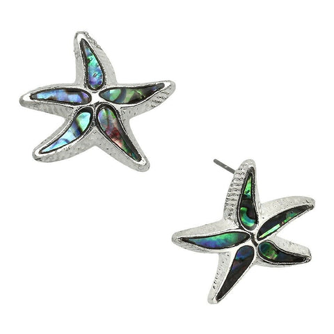 Starfish Earrings Abalone Shell Stud Posts Textured Metal SILVER SeaLife Beach - PalmTreeSky