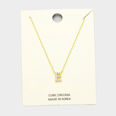 Initial Necklace Tiny CZ Cubic Zirconia .2" Monogram Letter E Rhinestone GOLD - PalmTreeSky