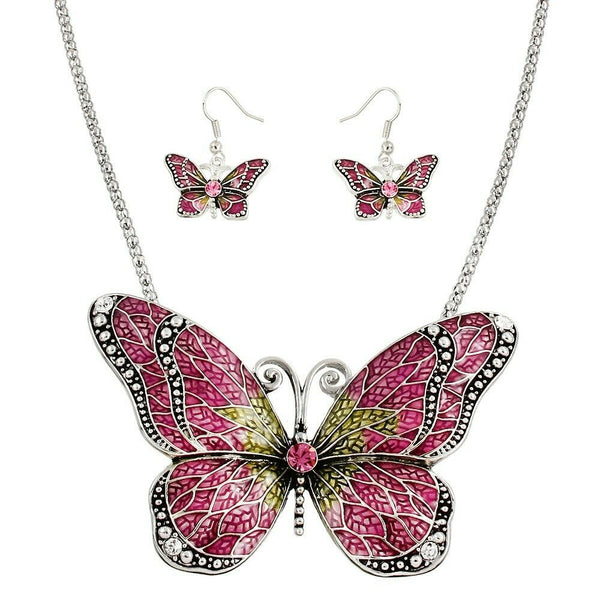 Butterfly Necklace Set 4" Large Pendant Chain Swirl SILVER Painted PINK Jewelry - PalmTreeSky