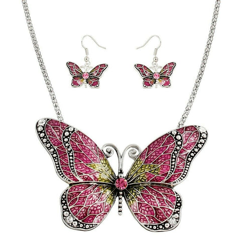 Butterfly Necklace Set 4" Large Pendant Chain Swirl SILVER Painted PINK Jewelry - PalmTreeSky