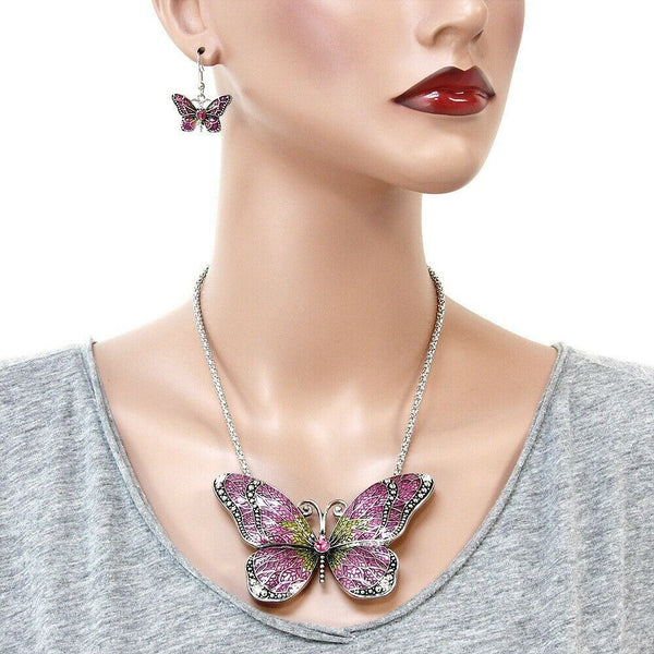 Butterfly Necklace Set 4" Large Pendant Chain Swirl SILVER Painted PINK Jewelry - PalmTreeSky