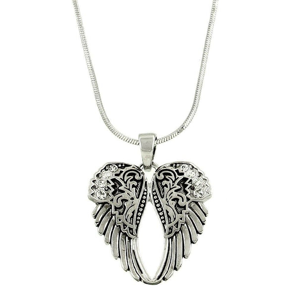 Angel Wings Necklace Pendant Charm Textured Metal Pave Rhinestones SILVER Bless - PalmTreeSky