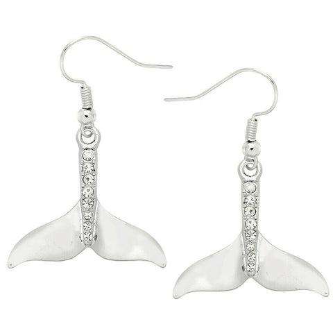 Mermaid Earrings Whale Tail Droplet Pave Center Metal Sea Swim SILVER CLEAR - PalmTreeSky