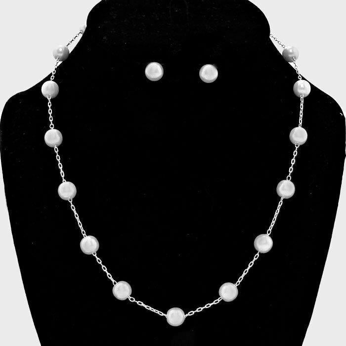 Pearl Station Necklace SET Studs Thin Chain Classic Simple Evening SILVER WHITE - PalmTreeSky