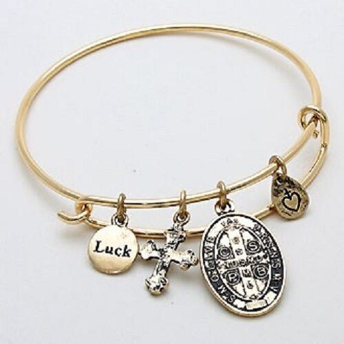 Cross Bracelet Religious Charms Adjustable Bangle Clover Luck Saint Pray Gold - PalmTreeSky