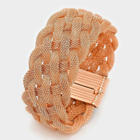 Magnetic Bracelet 1" Wide Mesh Metal Twisted Link Classic Style Solid ROSE GOLD - PalmTreeSky