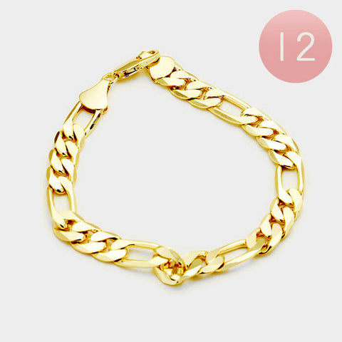 Mens Bracelet Womens Unisex Figaro Chain 10mm Wide 9" Long GOLD PLATED One Piece - PalmTreeSky