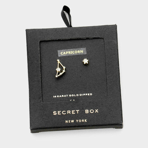 Secret Box Star Earrings Gift Tiny Zodiac CAPRICORN Sign CZ Moon 14K GOLD DIPPED - PalmTreeSky