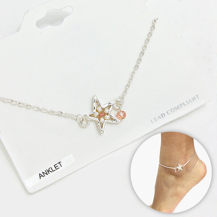 Anklet Starfish Ankle Bracelet Beaded Nautical Beach SILVER Natural Surf Jewelry - PalmTreeSky