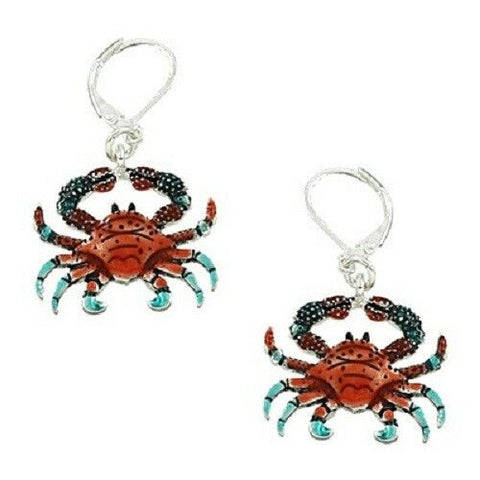 Crab Earrings Beach Sea Life Lobster Shell Fish SILVER Leverback 1.25"Drop - PalmTreeSky