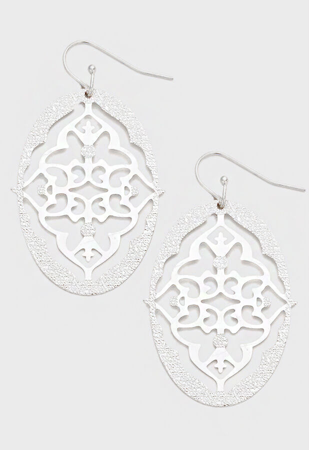 Filigree Earrings Oval Funky Rhombus Metal Lightweight SILVER 2"Drop Jewelry - PalmTreeSky