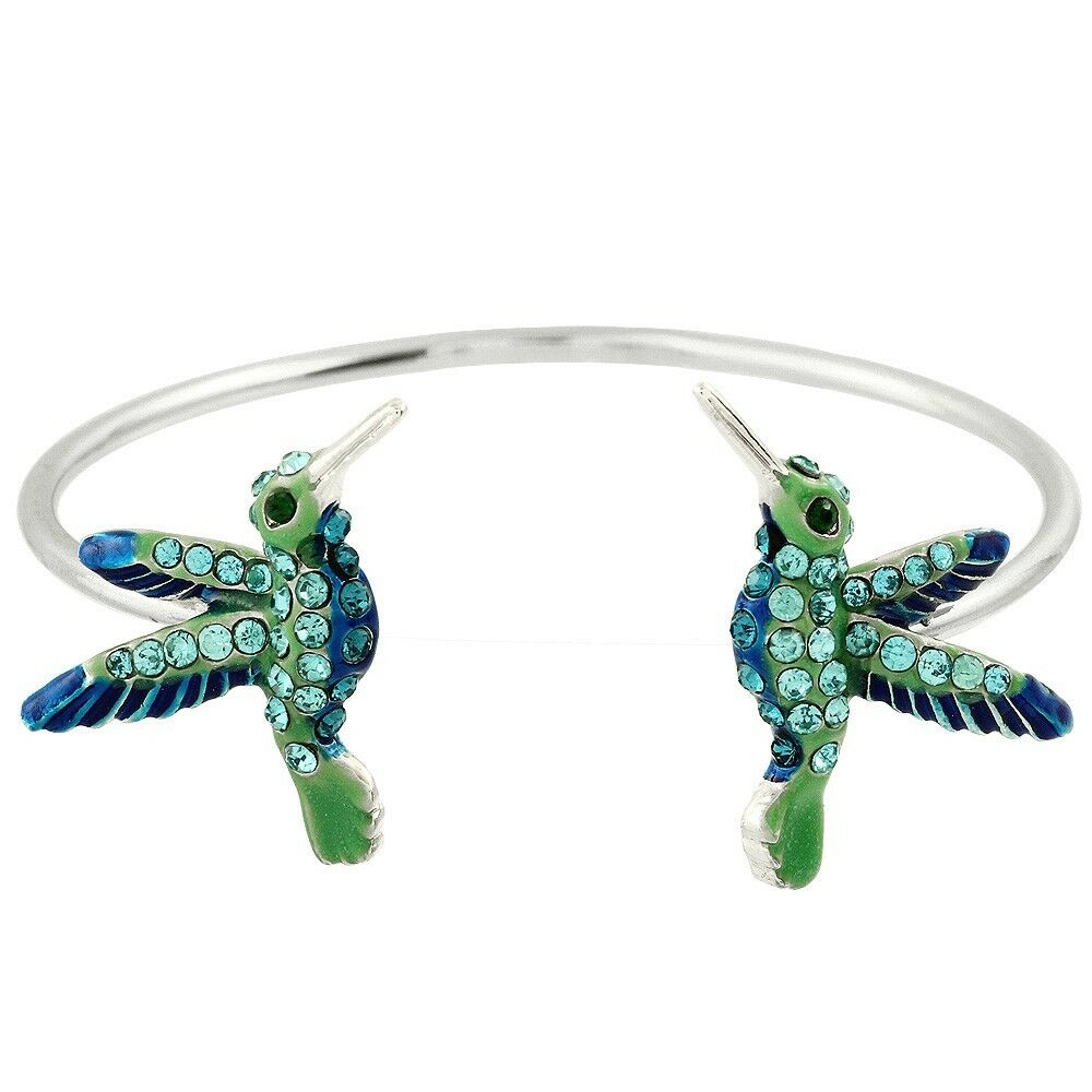 Hummingbird Bracelet Open Cuff Bangle Pave Rhinestone Blue Green SILVER Jewelry - PalmTreeSky