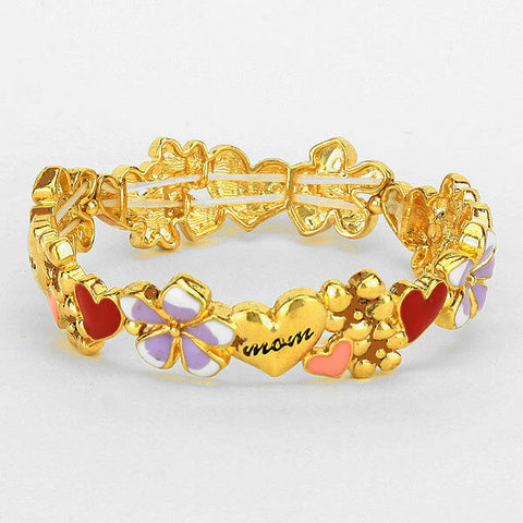 Mom Bracelet Stretch Bangle Pink Red Heart Gift Flowers Mother Family GOLD Gift - PalmTreeSky