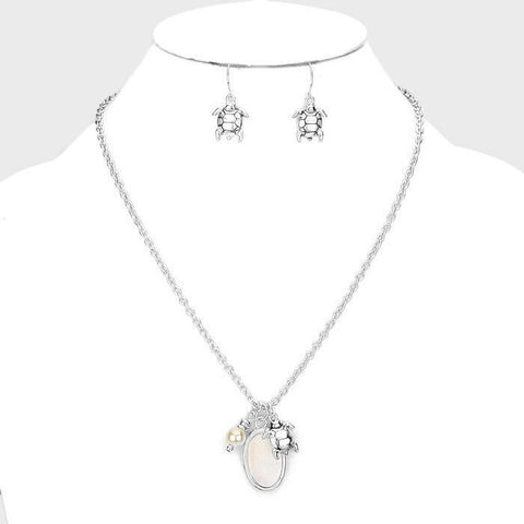 Turtle Necklace Pendant Set Mother of Pearl Charm SILVER Surfer Beach Jewelry - PalmTreeSky