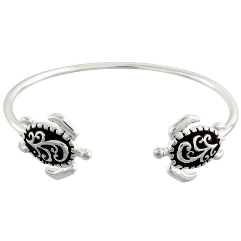 Turtle Cuff Bracelet Thin Metal Bangle Open Front Filigree Sea Turtles SILVER - PalmTreeSky