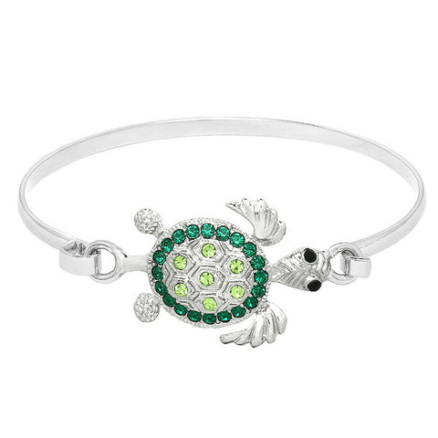 Turtle Bracelet Green Pave Rhinestone Hook Bangle SILVER Sea Life Beach Jewelry - PalmTreeSky