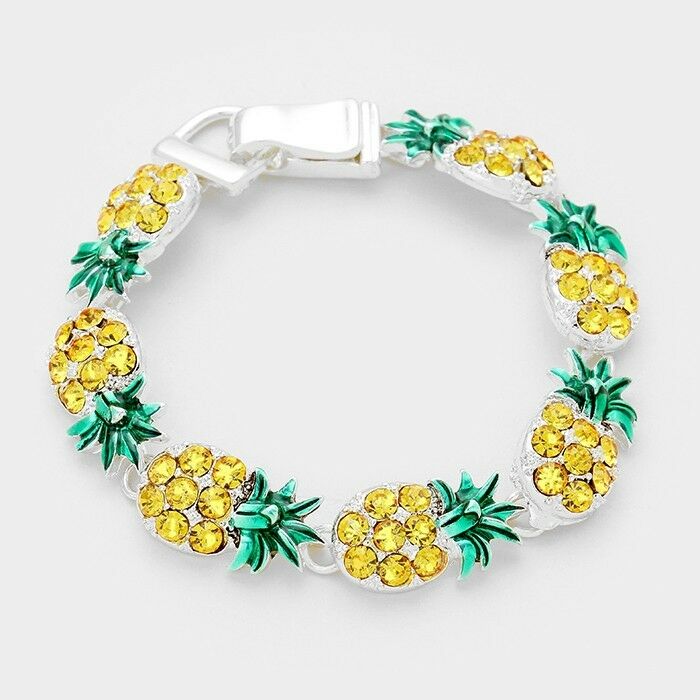 Pineapple Bracelet Magnetic Clasp Metal Link Tropical Sea Welcome SILVER Beach - PalmTreeSky