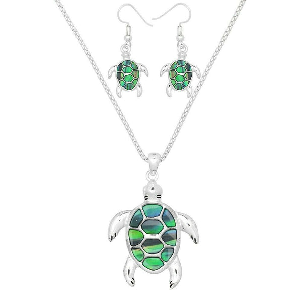 Turtle Necklace Set Earrings ABALONE SHELL Sand Sea 29" Long Chain 2" Pendant - PalmTreeSky