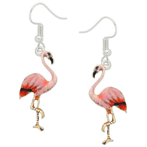 Flamingo Earrings Beach Sea Life Bird Florida Pink Animal Fly Sand Surf SILVER - PalmTreeSky