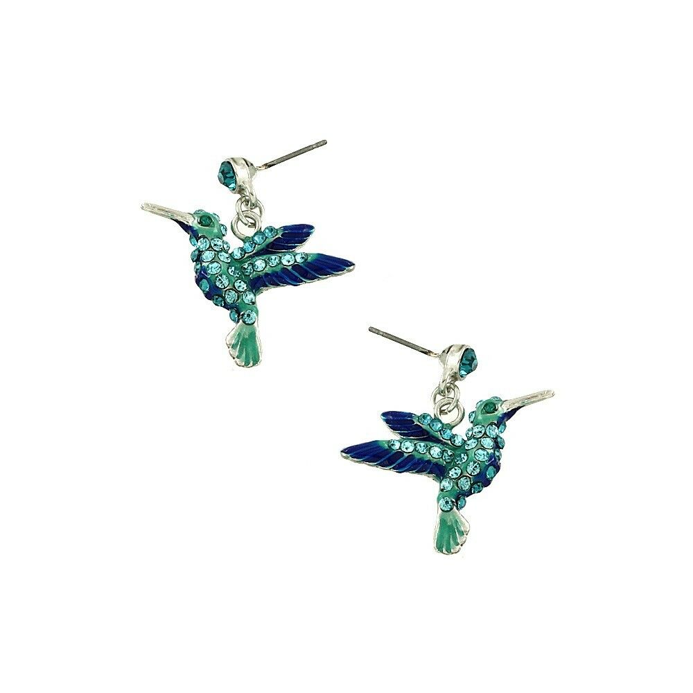 Hummingbird Earrings Tiny Drop Dangle Stud Post Pave Rhinestone Silver Blue Bird - PalmTreeSky