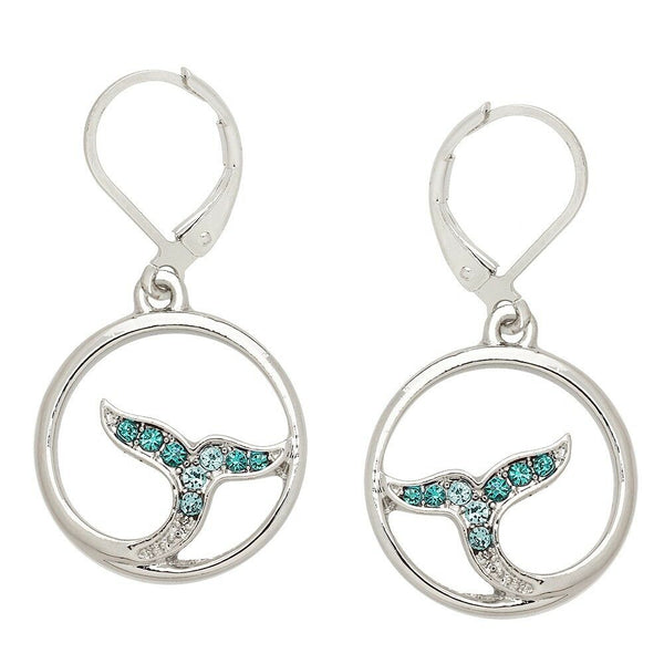 Mermaid Earrings Whale Tale Circle Rhinestone SILVER TURQ Drop Leverback Sea - PalmTreeSky