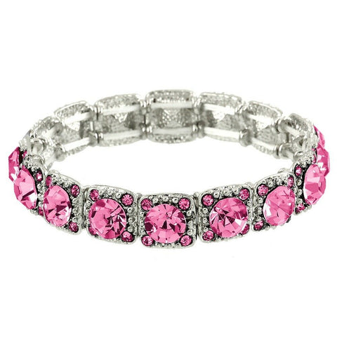 Crystal Bracelet Pave Rhinestones Square Cut Stretch SILVER PINK Evening Glam - PalmTreeSky