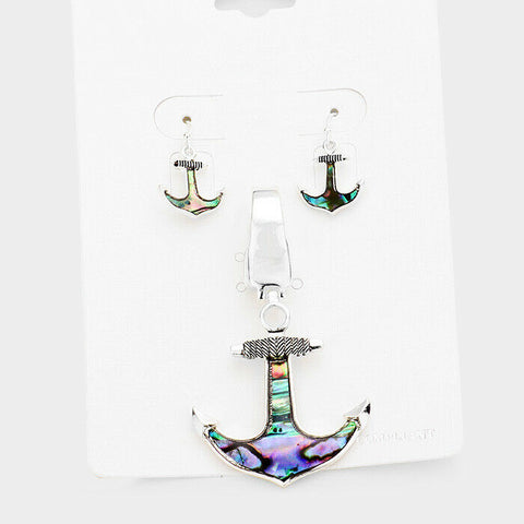 Anchor Pendant SET Necklace Earrings Abalone Shell Metal Nautical Sail SILVER - PalmTreeSky