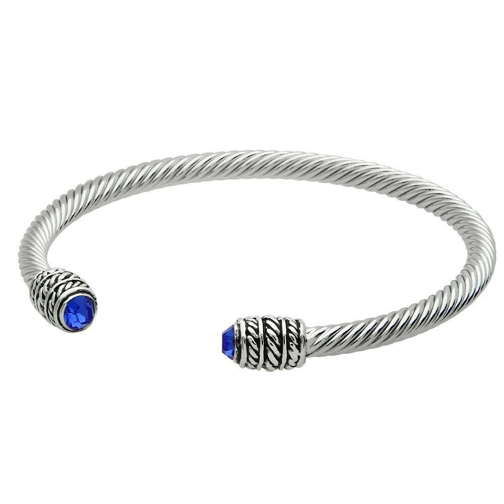 Cuff Bracelet Textured Metal Open Bangle Crystal Bead Plain Classic SILVER BLUE - PalmTreeSky