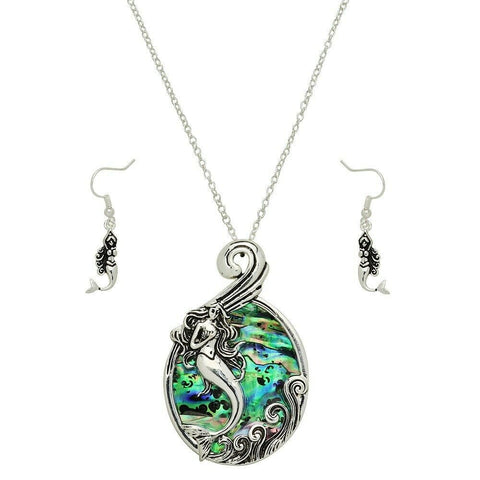 Abalone Shell Necklace Mermaid Teardrop Metal Swirl Large Pendant Ocean Sea SLVR - PalmTreeSky