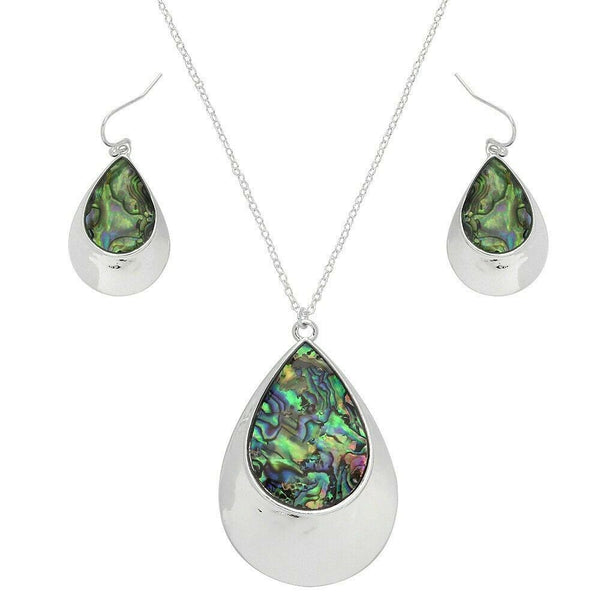 Abalone Shell Necklace SET Filigree Teardrop Layer Wave SeaShell Pendant SILVER - PalmTreeSky