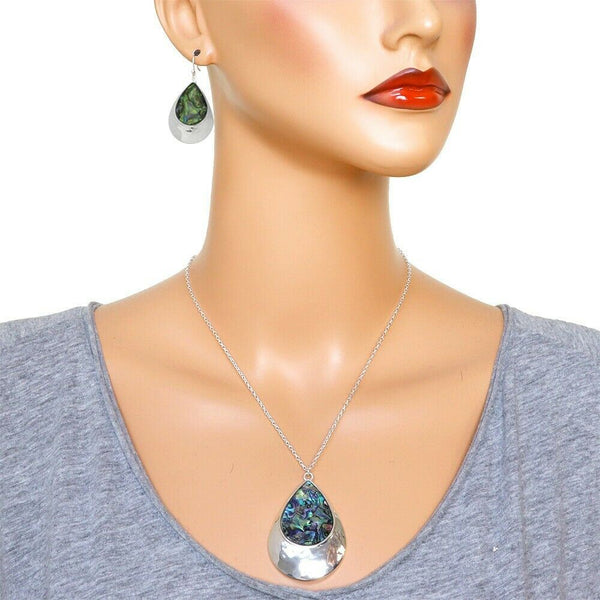 Abalone Shell Necklace SET Filigree Teardrop Layer Wave SeaShell Pendant SILVER - PalmTreeSky