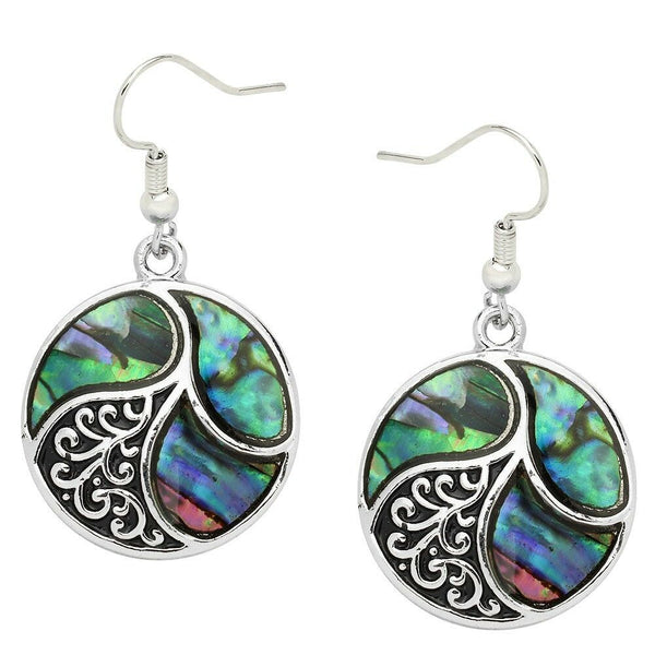 Abalone Shell Earrings Drop Dangle Beach Sea Life Nautical Swirl Circle SILVER - PalmTreeSky