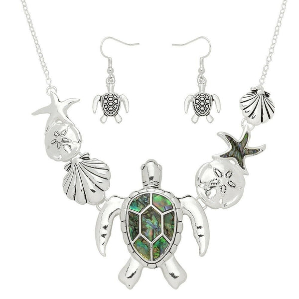 Abalone Shell Necklace SET Sea Life Turtle Statement Cluster Beach Ocean SILVER - PalmTreeSky