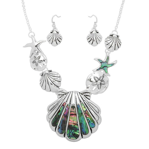 Abalone Shell Necklace SET Sea Shell Statement Cluster Beach Starfish SILVER - PalmTreeSky