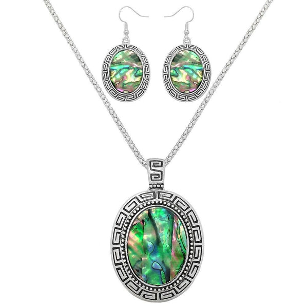 Abalone Shell Necklace Earring SET Statement Metal Oval Pendant SILVER Jewelry - PalmTreeSky