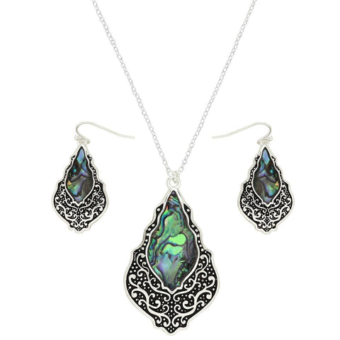 Abalone Shell Necklace Earring SET Teardrop Textured Metal Swirl SILVER Jewelry - PalmTreeSky