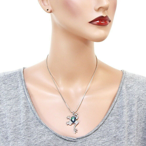 Abalone Shell Necklace FROG Crystal Rhinestones Animal Beach Sea Sand SILVER - PalmTreeSky