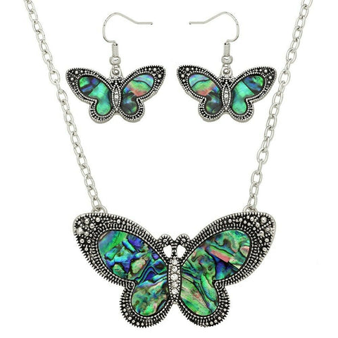 Abalone Shell Necklace SET Metal Butterfly Pendant Charm Beach Marcasite SILVER - PalmTreeSky