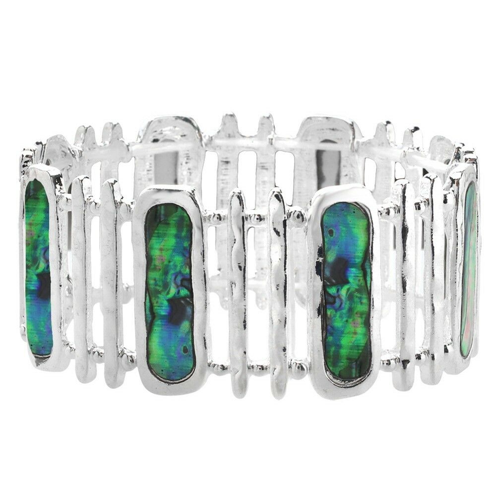 Abalone Shell Bracelet Stretch Rectangle Shape Metal Sealife Starfish 1 1/8"Wide - PalmTreeSky