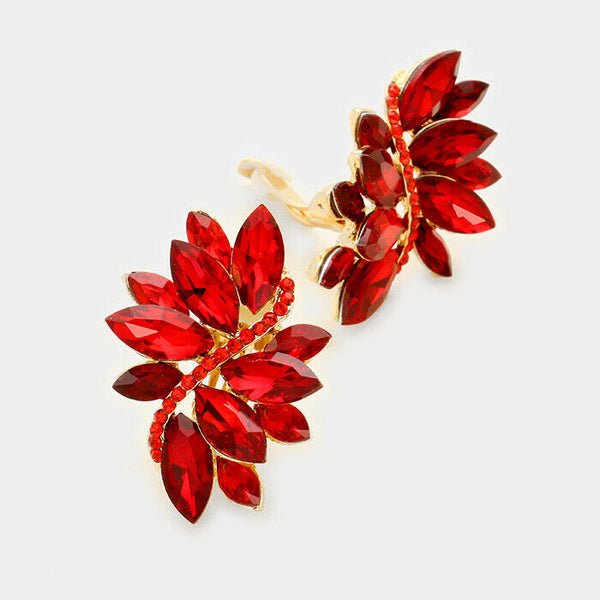 Clip On Earrings Crystal Marquise Swirl Pave Rhinestone Jewelry 1.5" Drop RED - PalmTreeSky