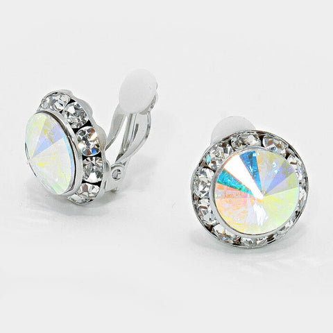 Clip On Earrings Crystal Stud Rivoli Austrian Clip ons Clip-On SILVER AB Jewelry - PalmTreeSky