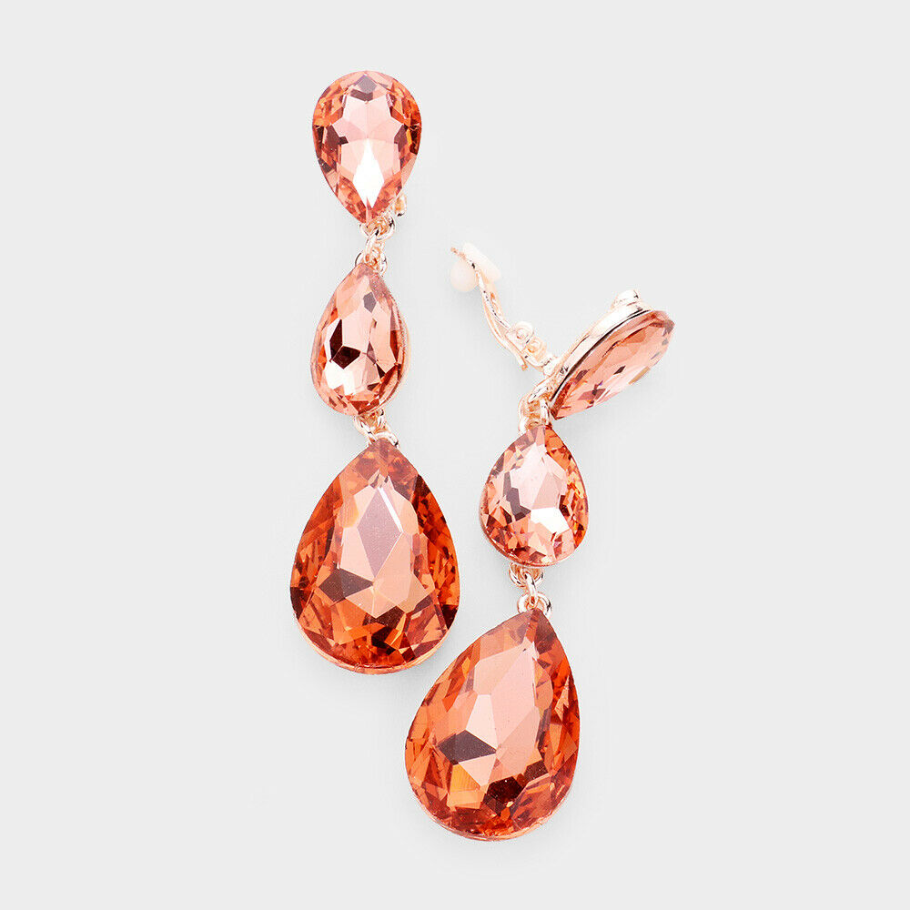 Clip On Earrings Crystal Triple Teardrops Clip ons Clip-On 3" Long ROSE Jewelry - PalmTreeSky