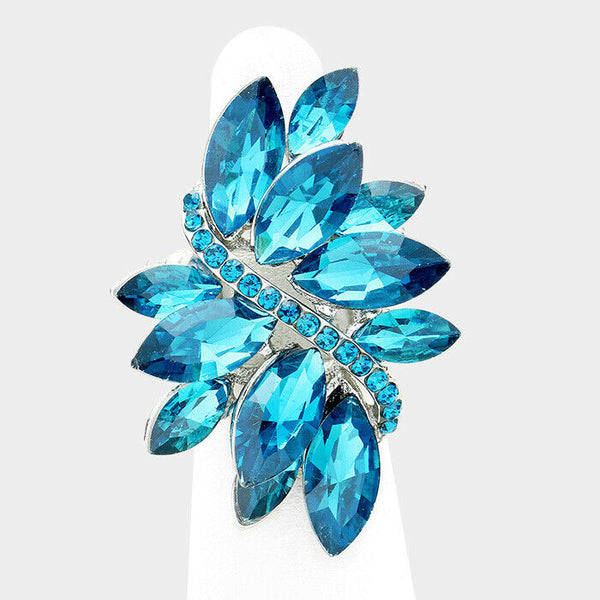 Cocktail Ring Large Wide Marquise Swirl Rhinestone Stretch Band Crystal AQUA - PalmTreeSky