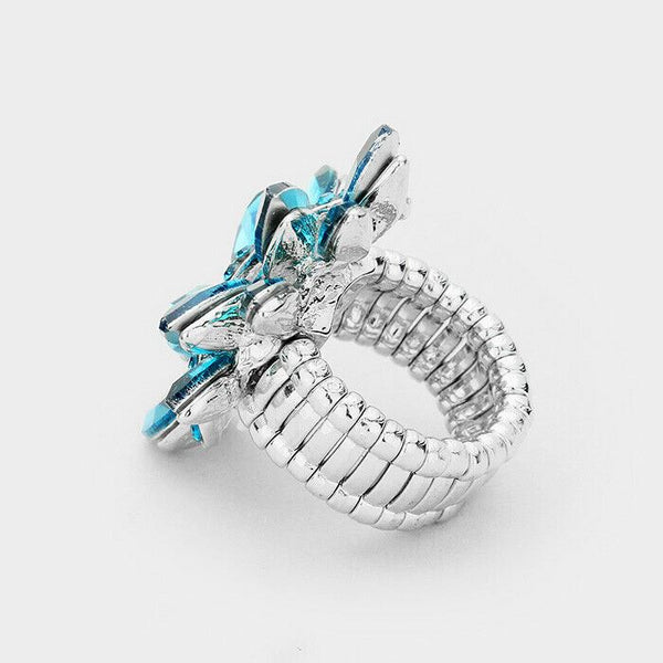 Cocktail Ring Large Wide Marquise Swirl Rhinestone Stretch Band Crystal AQUA - PalmTreeSky