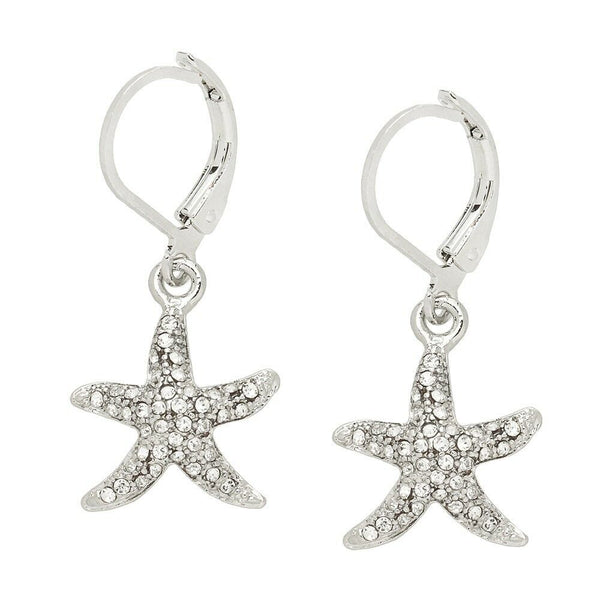 Starfish Earrings Pave Rhinestone Leverback SILVER Drop Dangle Beach Sea Life - PalmTreeSky