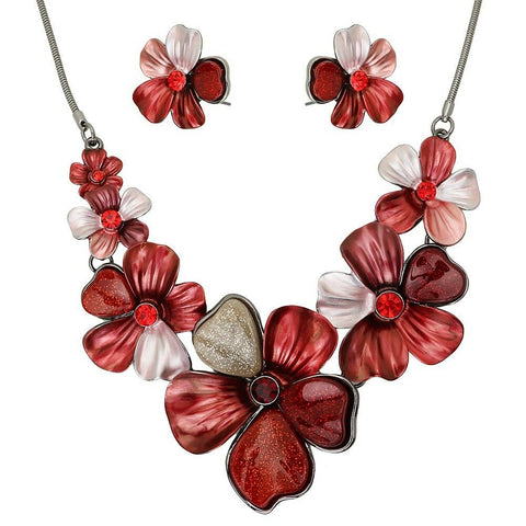 Flower Necklace Set Chunky Pendant Statement Floral Rhinestone Painted RED - PalmTreeSky