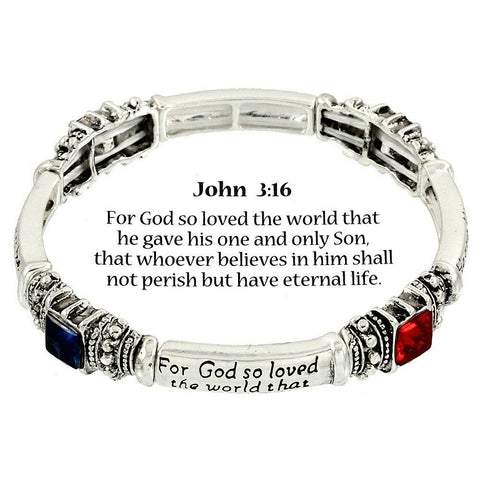 John 3:16 Prayer Bangle Bracelet SILVER MULTI Crystals Stretch Bible Verse - PalmTreeSky