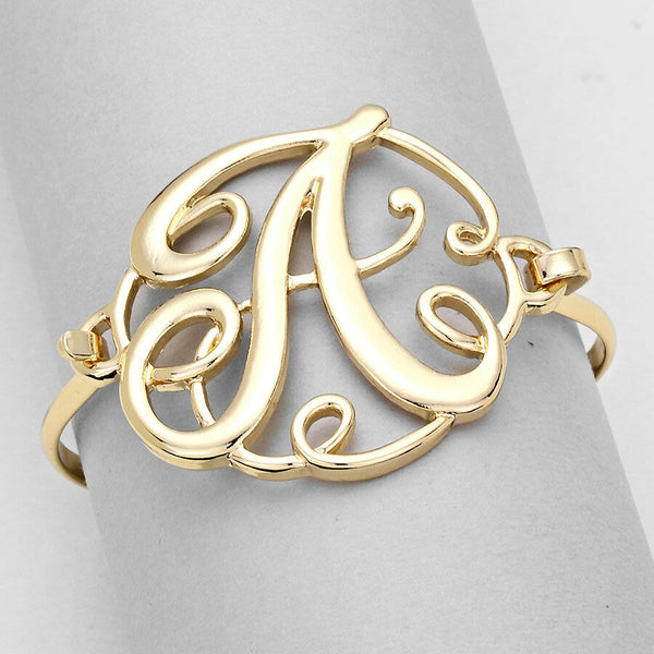 Monogram Bracelet Hinge Bangle Initial Curlique Script Letters 1.75" SILVER GOLD - PalmTreeSky