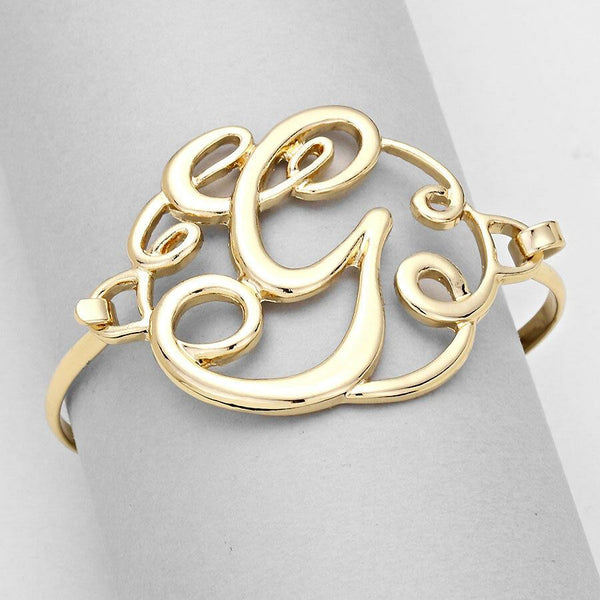 Monogram Bracelet Hinge Bangle Initial Curlique Script Letters 1.75" SILVER GOLD - PalmTreeSky