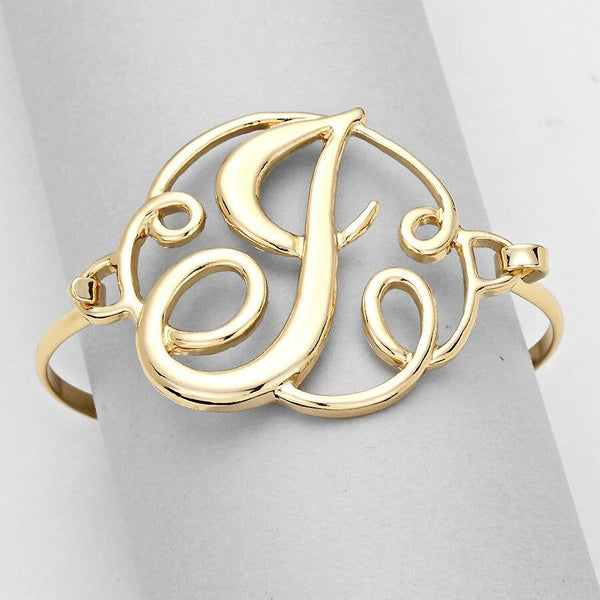 Monogram Bracelet Hinge Bangle Initial Curlique Script Letters 1.75" SILVER GOLD - PalmTreeSky